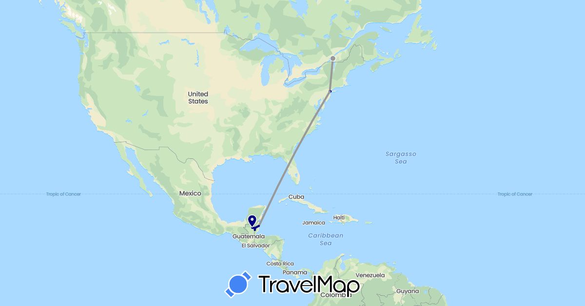 TravelMap itinerary: driving, plane in Belize, Canada, Guatemala, United States (North America)